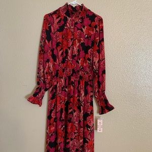 Nanette Lepore Black Red Pink Floral Long Sleeve Midi Dress 12